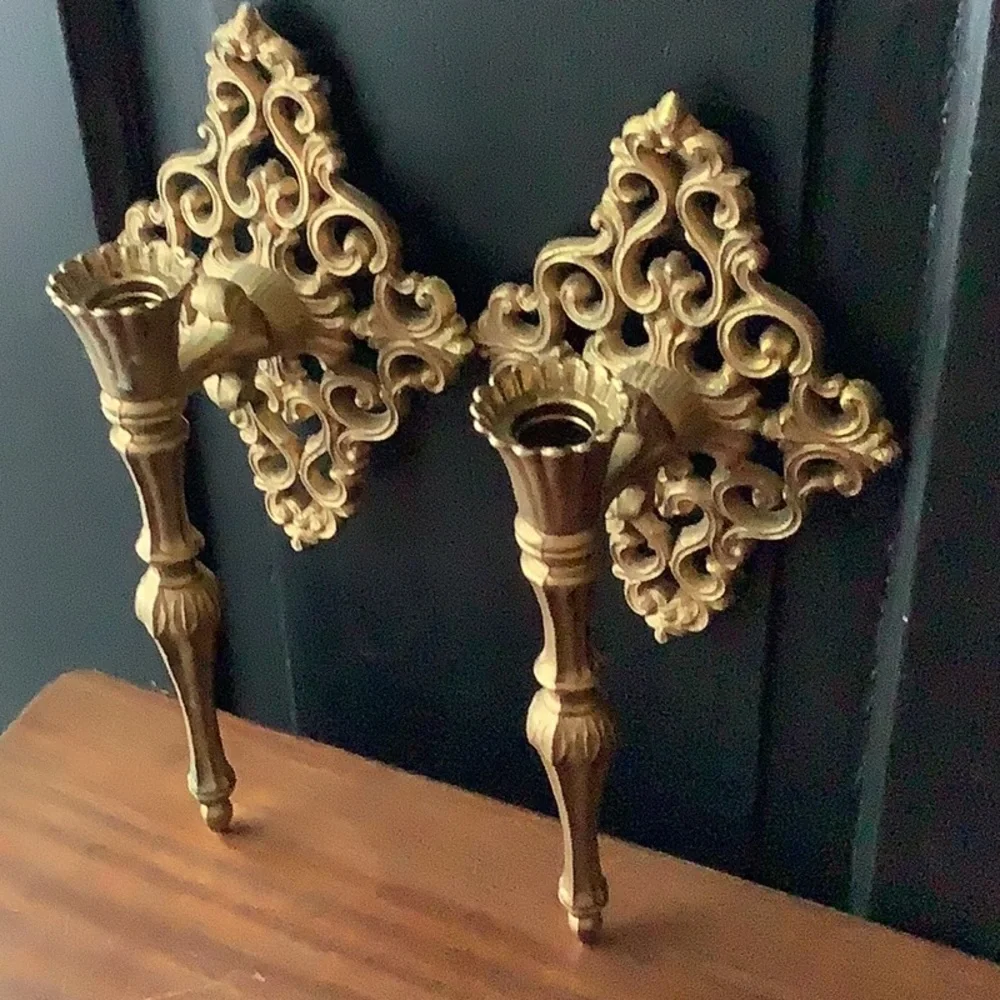 Vintage Ornate Hollywood Regency Metal Wall Sconces Candelabra Candle Holder